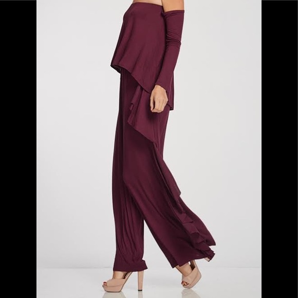 Plum Ruffled Off Shoulder Jumpsuit - Picture 2 of 3